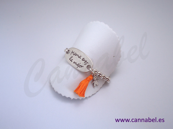 Pulsera mama eres la mejor cadena pompon naranja cannabel 2